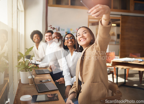 Image of Selfie, friends and social media with a business team working in a boardroom of their corporate workplace. Teamwork, profile picture or startup with a group of people posing for a photograph together