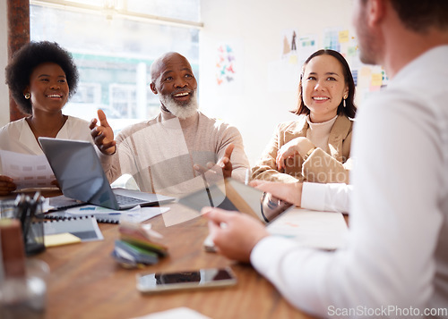 Image of Creative business people, meeting and planning in fashion design, brainstorming or strategy at office. Group of clothing designers talking in teamwork collaboration or sharing ideas for startup