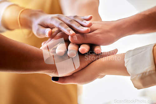 Image of Hands, group and people stack for support, solidarity and teamwork of success, agreement partnership and trust. Hand, pile and cooperation of collaboration, unity and community motivation of about us