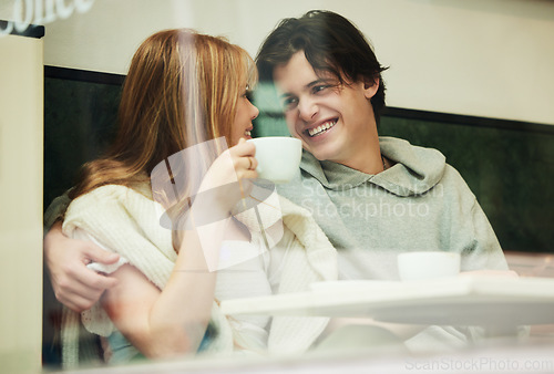 Image of Gen z, student couple and coffee shop window of date together with love and care in cafe. Restaurant, relax and happiness of a teen man and girl with happy smile from teenager relationship in morning