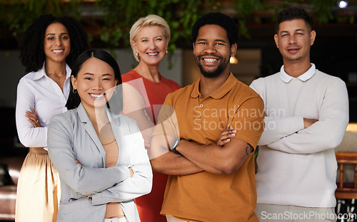 Image of Portrait, smile and group of business people with arms crossed for career pride. Teamwork diversity, collaboration and happy, confident and proud employees, men and women together for team building.