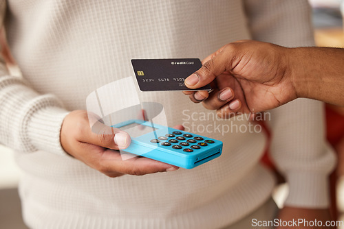 Image of Hands, credit card and payment on pos machine for fintech, banking or ecommerce. Digital purchase, technology and man or customer buying, paying or tap on device for retail sales, shopping or b2c.