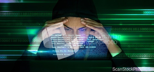 Image of Hacker, code and stress with cyber crime, fear of getting caught and double exposure in IT, cybersecurity fail and software. Coding, programmer and glitch, person with headache and screen overlay