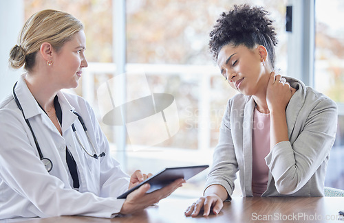 Image of Consulting, neck pain and medical with black woman and doctor for injury, healthcare and physical therapy. Tablet, checklist and medicine with expert and patient for examination, research and results