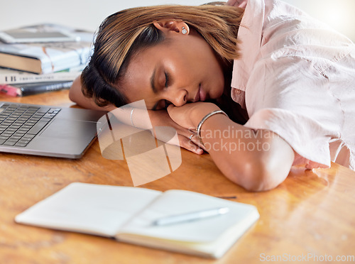 Image of Employee, sleeping and business woman burnout, tired and fatigue while working on laptop in office. Sleep, girl and corporate person or workaholic struggling with workload, problem and pressure