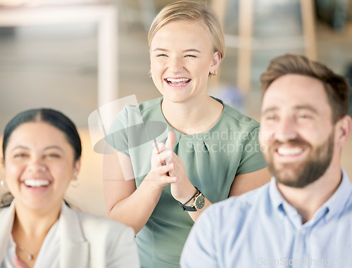 Image of Seminar audience, happy and business people listening at presentation conference, training workshop or trade show event. Group meeting, crowd laugh at joke and team listen to funny tradeshow speech