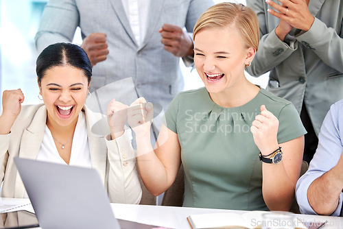 Image of Laptop, excited women or team celebrate good online feedback, stock market achievement or ecommerce revenue. Crypto NFT winner, forex trading cheers or happy trader celebration for bitcoin success