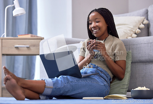 Image of Relax, black woman on floor and laptop for break, streaming movies, happiness and rest. African American female, girl and device in lounge, online reading or search website for funny videos on ground