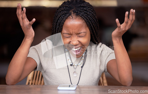 Image of Stress, phone and screaming with black woman in cafe for glitch, social media news and online scam. Burnout, angry and anxiety with girl shouting at mobile for crisis, communication and frustrated