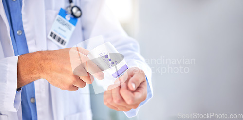 Image of Covid thermometer, hands and doctor temperature check for healthcare, hospital policy or corona virus compliance. Wrist scan, mockup nurse and man with medical regulation for health care or wellness