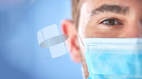 Image of Covid 19 portrait, half face mask and doctor for pandemic security risk, hospital healthcare support or clinic mockup. Corona virus safety, medical nurse eyes or man for health care, wellness or help
