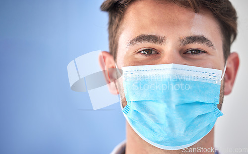 Image of Covid, face mask and portrait of medical doctor for pandemic security risk, hospital healthcare support or clinic mockup. Corona virus safety, medicine nurse or man for health care, wellness and help