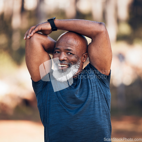 Image of Black man, stretching and exercise portrait outdoor in nature for fitness and healthy lifestyle. Senior person smile and happy with workout, training and muscle warm up for cardio health and wellness