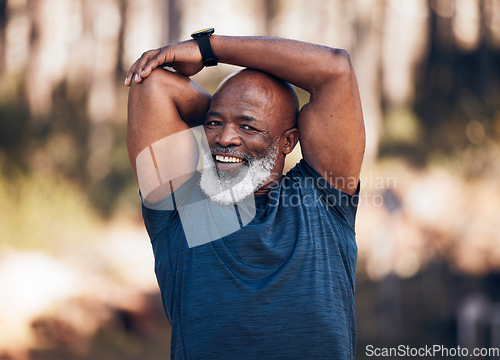 Image of Senior man, stretching and fitness portrait outdoor in nature forest for exercise and healthy lifestyle. Black person smile for workout, training and muscle warm up for cardio health and wellness