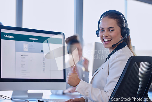 Image of Call center portrait, woman thumbs up and consultant or agent with customer support success, good service or thank you. Telecom person or ecommerce advisor like, yes or winning emoji hand on computer