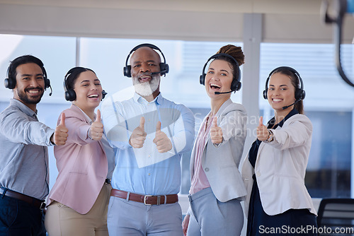 Image of Portrait, call center and team with thumbs up, achievement and success with target, goals or client service. Face, staff or leader with gesture for solidarity, tech support or telemarketing in office