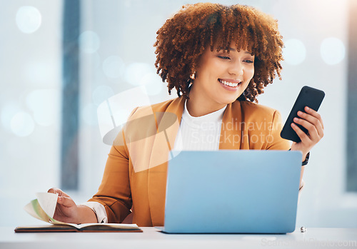 Image of Black woman, phone and laptop, notebook and schedule, organizing calendar with technology and smile. Professional female, business and wifi with email, communication and scheduling mobile app