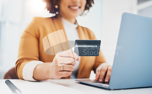 Image of Hands, computer and office with credit card for black woman, e-commerce or online shopping with cybersecurity. Corporate executive, laptop and ecommerce for discount, sale and fintech at workplace