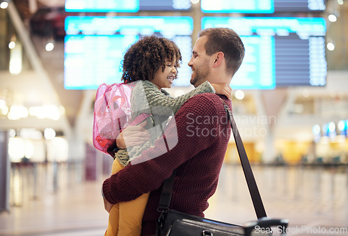 Image of Father, travel and hug girl at airport, laughing at comic joke and having fun together. Immigration flight, adoption care and love of happy man hugging foster child at airline, smile and bonding.