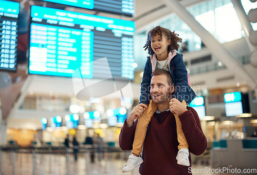 Image of Travel, father and piggyback girl at airport, laughing at comic joke and having fun together. Immigration flight, adoption care and happy man carrying foster kid or child at airline, smile or bonding