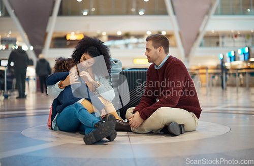 Image of Family at an airport, father with mother hugging girl child and immigration farewell together. Travel with parents, mom with sleeping kid in reunion or greeting dad goodbye at international terminal