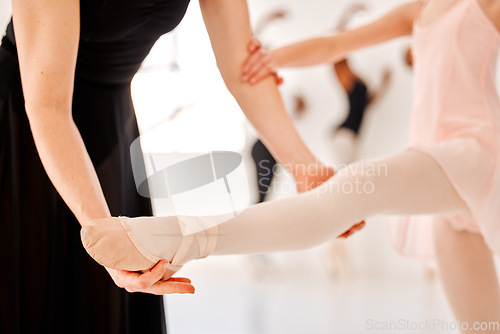 Image of Closeup, ballet and coach with girl, support and training for flexibility, motivation and performance in classroom. Zoom, female ballerina and dancer with trainer, mentor and routine for development