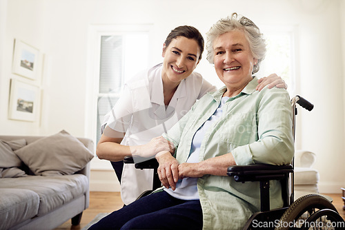 Image of Portrait, caregiver and woman in wheelchair for medical disability, wellness or support in nursing home. Happy nurse caring for disabled patient, senior or elderly healthcare in rehabilitation clinic