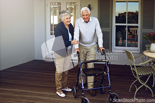 Image of Home, retirement and happy senior couple with walking cane enjoy weekend, quality time and bonding on patio. Marriage, love and elderly man and woman smile for healthy lifestyle, wellness and relax