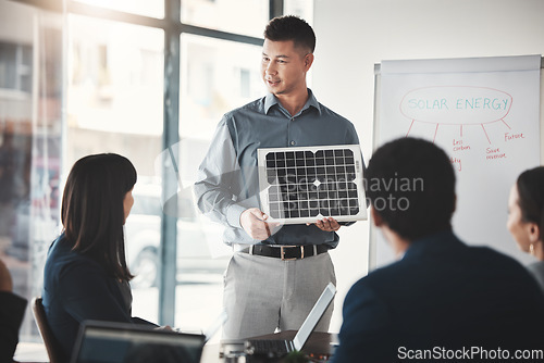 Image of Solar panels, sustainability and man expert in presentation, pitch and conference about renewable energy meeting. Businessman, briefing and teaching corporate people sustainable electricity