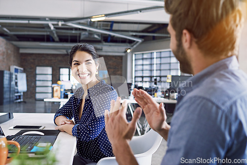 Image of Meeting, smile and business man and woman in office talking, laughing and in funny conversation at desk. Communication, teamwork and happy workers in discussion, chatting and brainstorming ideas