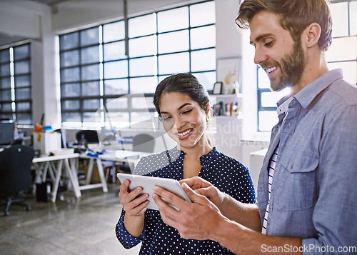 Image of Office tablet, team and happy people reading positive data analysis, social media statistics or customer experience insight. Brand monitoring software, ui collaboration and teamwork on web analytics