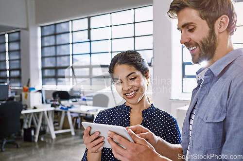 Image of Tablet, business team and happy people reading positive data analysis, social media statistics or customer experience insight. Brand monitoring software, ui collaboration or teamwork on web analytics