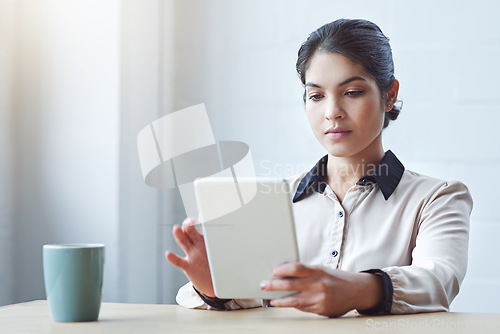 Image of Business woman, tablet and thinking in office with vision, internet research and strategy for goals. Young executive, computer and brainstorming for ideas, focus and website management in workplace