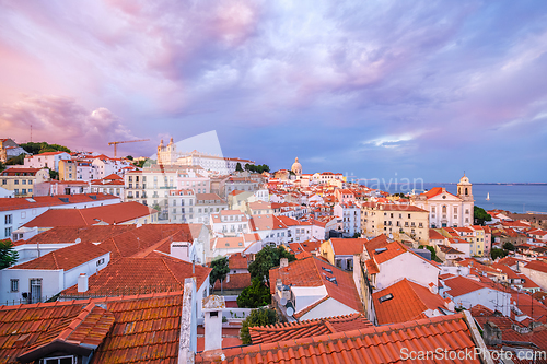Image of View of Lisbon from Miradouro de Santa Luzia viewpoint on sunsets. Lisbon, Portugal