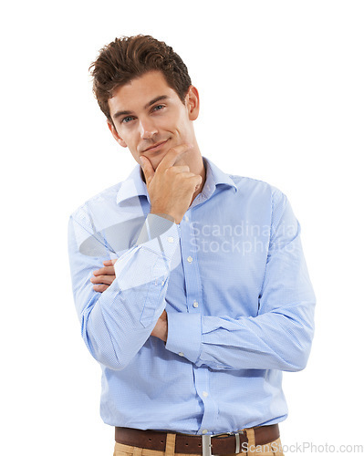 Image of Thinking, wonder and portrait of businessman in studio with a pensive or contemplating face expression. Confidence, professional and corporate male model pondering while isolated by white background.