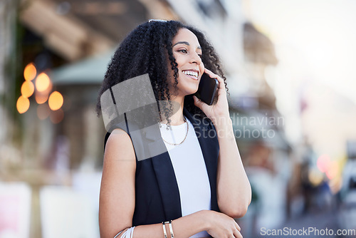 Image of Phone call, black woman and urban street of a young person with networking and conversation. Bokeh, blurred background and female talking with happiness and a smile on a mobile web communication app