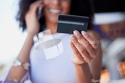 Image of Shopping, credit card and phone call for woman with ecommerce, information and confirmation. Online payment, banking and membership for girl retail customer at a mall while checking credit score