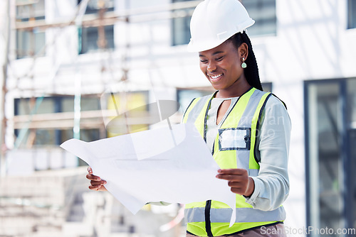 Image of Architect, black woman and blueprint for building at a construction site, happy and positive mindset. Building, project manager and lady worker with paper, plan and idea for innovation or renovation