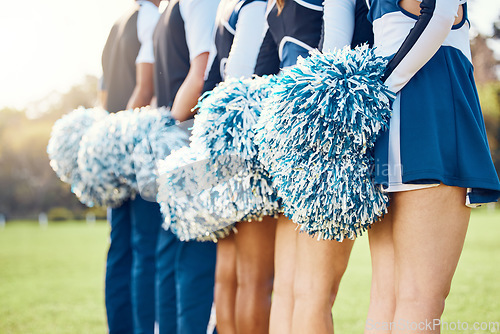 Image of Cheerleader pom poms, backs and students in cheerleading uniform on a outdoor field. Athlete group, college sport collaboration and game cheer prep ready for cheering, stunts and fan applause