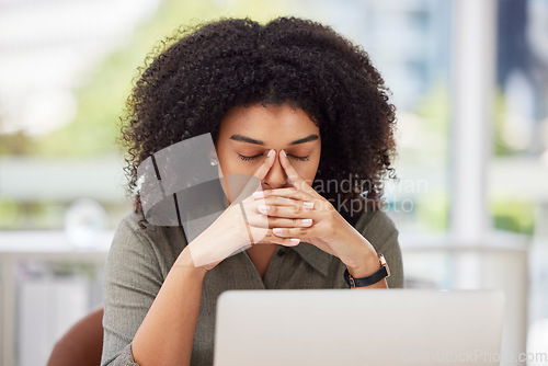 Image of Work stress, headache and black woman worker with office burnout at computer with sinus issue. Laptop 404 glitch, accountant order problem and tax project anxiety of a employee feeling fatigue