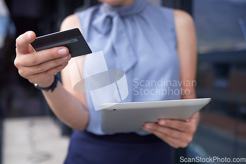 Image of Businesswoman, hands and tablet with credit card for ecommerce, online shopping or banking outdoors. Hand of female holding touchscreen with 5G connection for internet purchase or app transaction