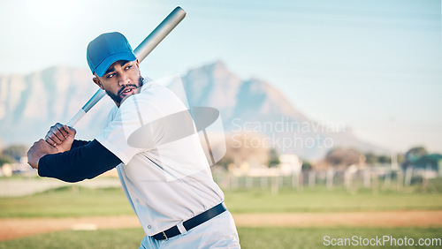 Image of Baseball swing, athlete and mountains of a professional player from Dominican Republic outdoor. Sport field, bat and sports helmet of a man doing exercise, training and workout for a game with mockup