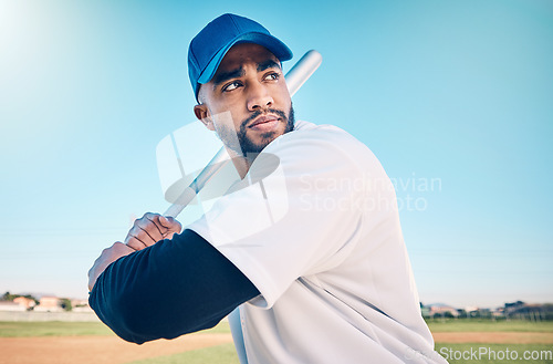 Image of Sports, baseball and man with bat on field ready for hitting ball in game, practice and competition. Fitness, motivation and male athlete outdoors for exercise, training and workout for sport match