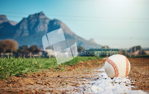 Image of Sports mockup, baseball and ball on ground ready for game, practice and competition outdoors. Fitness, sport copy space and softball equipment on field for exercise, training and workout for match