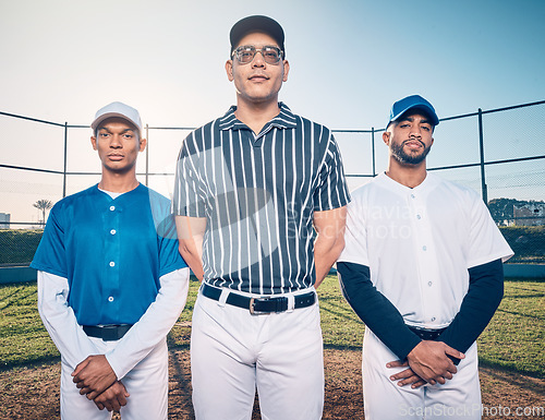 Image of Baseball, team and coach in portrait on pitch, athlete and sports with teamwork, solidarity and men with confidence. Winner mindset with fitness and together in a community, motivation and training