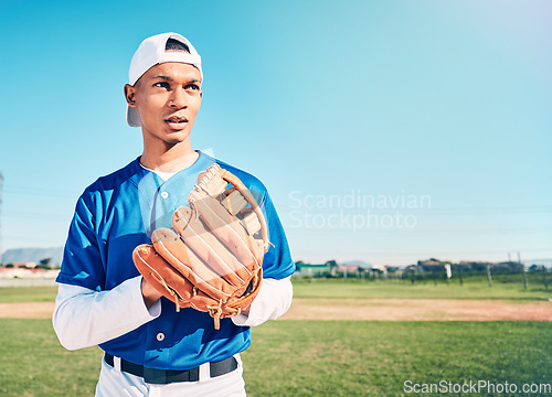 Image of Mockup, baseball and man with glove, fitness and ready for game, confident and focus outdoor. Male athlete, gentleman and player with uniform, training and playing with endurance and determination