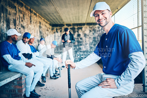 Image of Baseball player, portrait and sports stadium dugout with softball team ready for ball game. Training, exercise and motivation of a young athlete from Dominican Republic with a smile for fitness