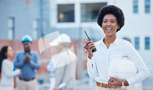 Image of Engineer, walkie talkie and black woman with hard hat, portrait and happiness for new project, real estate or success. Face, African American female manager or employee with communication and outdoor