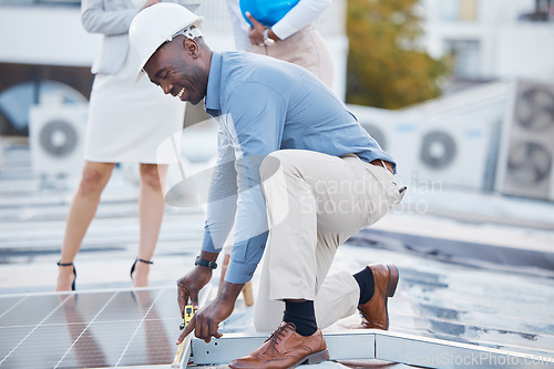 Image of Black man, engineer and solar panel grid installation of construction worker technician outdoor. Businessman, renewable energy and industrial eco friendly panels of maintenance employee and handyman
