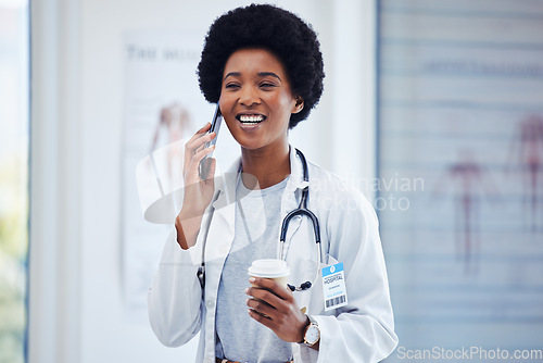 Image of Woman, phone call and doctor in hospital talking on coffee break for healthcare, advice or consultation. Medical professional with smartphone for communication, conversation and telehealth contact